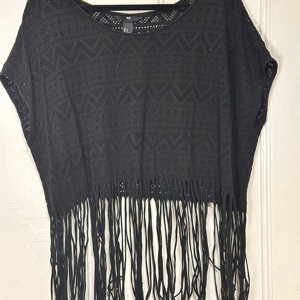 H&M Black Crochet Fringe tribal cutout top